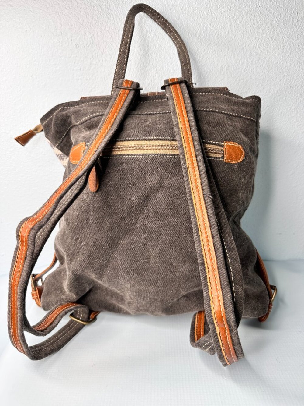 Myra Bag Tooled Leather Canvas Backpack Brown White Gray Embossed Floral - Picture 5 of 11